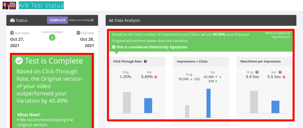 Best title for YouTube video: The TubeBuddy A/B test status page, showing how the A/B test performed