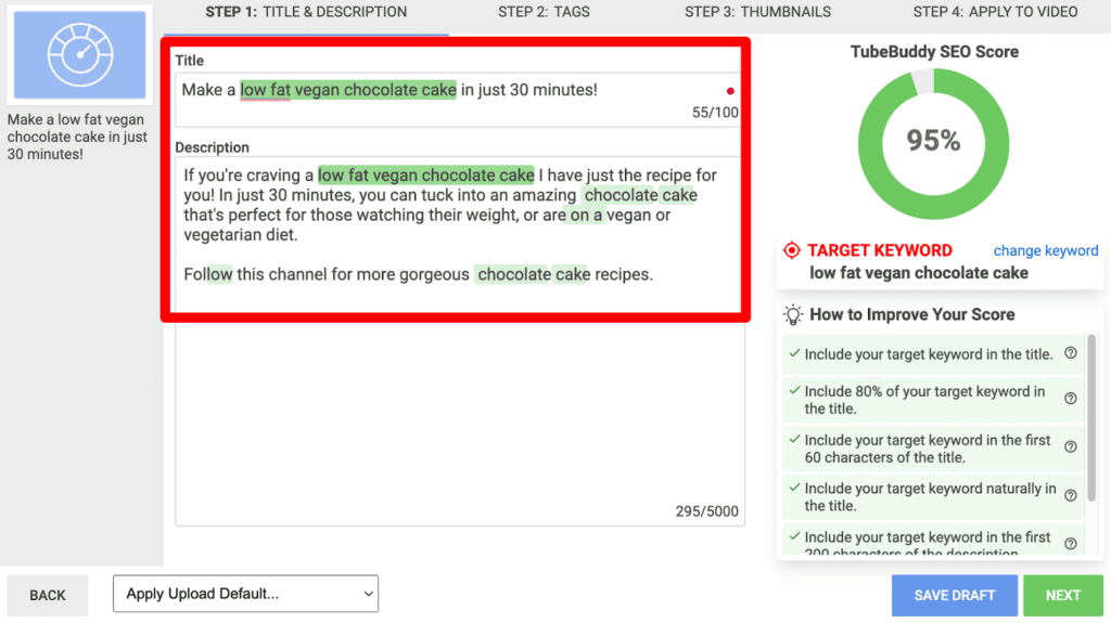 YouTube SEO: After implementing the suggestions in TubeBuddy SEO Studio, the circle chart has turned green and the TubeBuddy SEO Score has increased to 95%