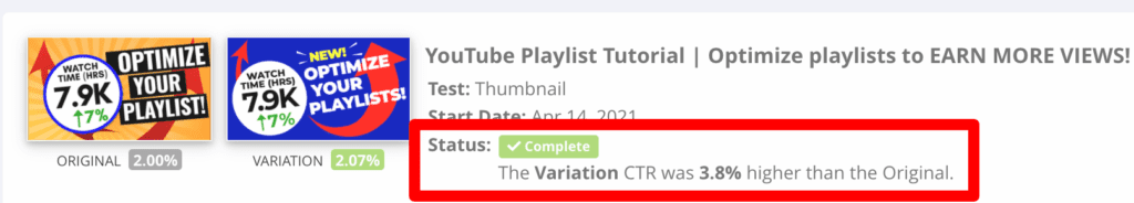 YouTube thumbnail AB test shows two variation on a thumbnail with the "variation" thumbnail showing a 3.8% greater click through rating (CTR)